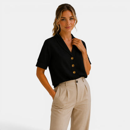 Women's Short Sleeve Blouse Relaxed Fit Button Front Shirt