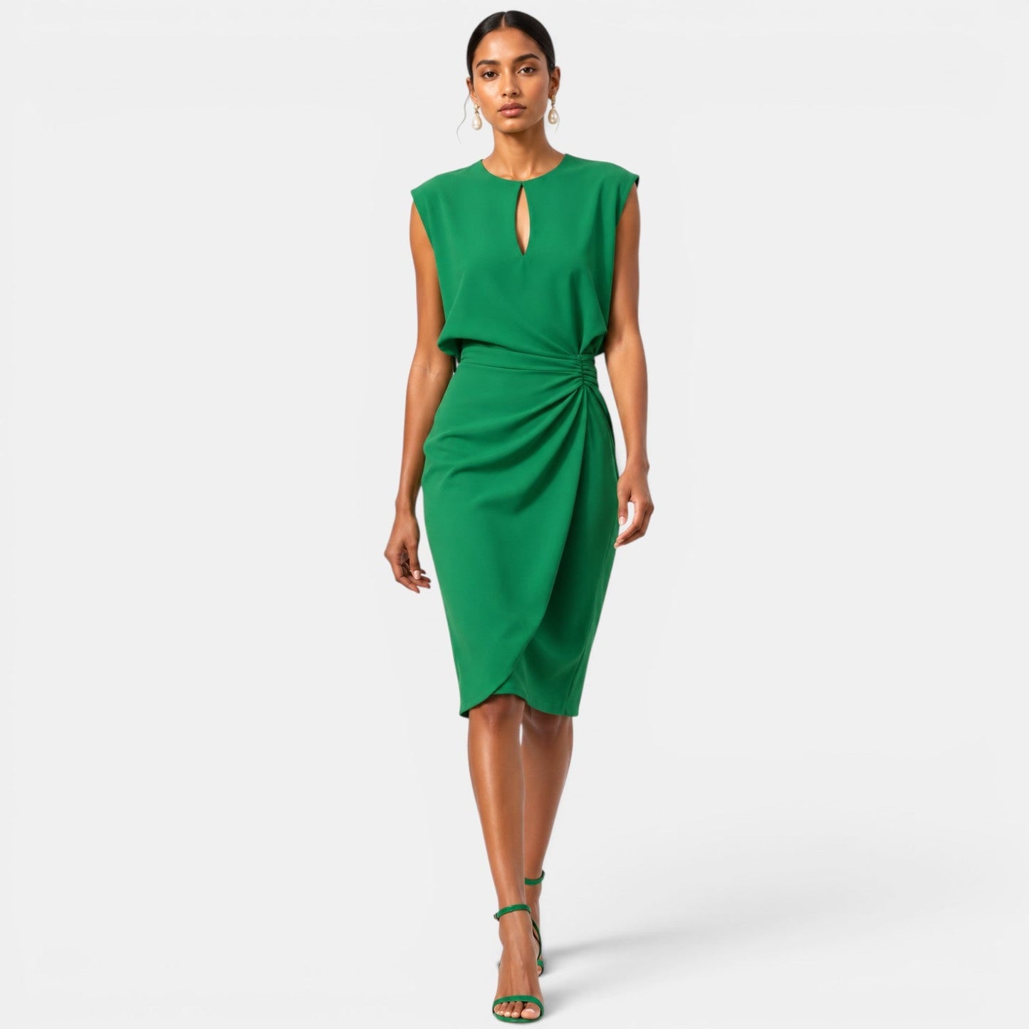 Women's Elegant Midi Dress Ruched Silhouette Formal Event Wear