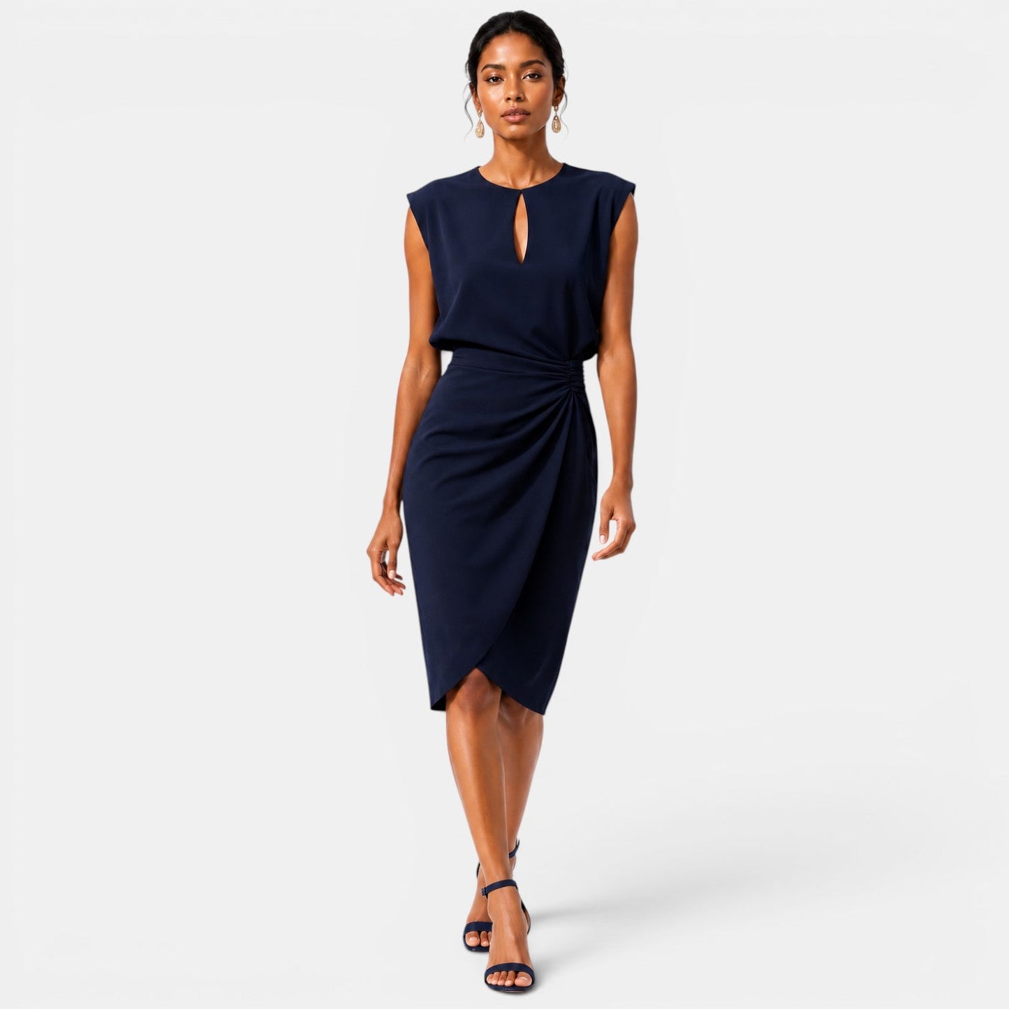 Women's Elegant Midi Dress Ruched Silhouette Formal Event Wear