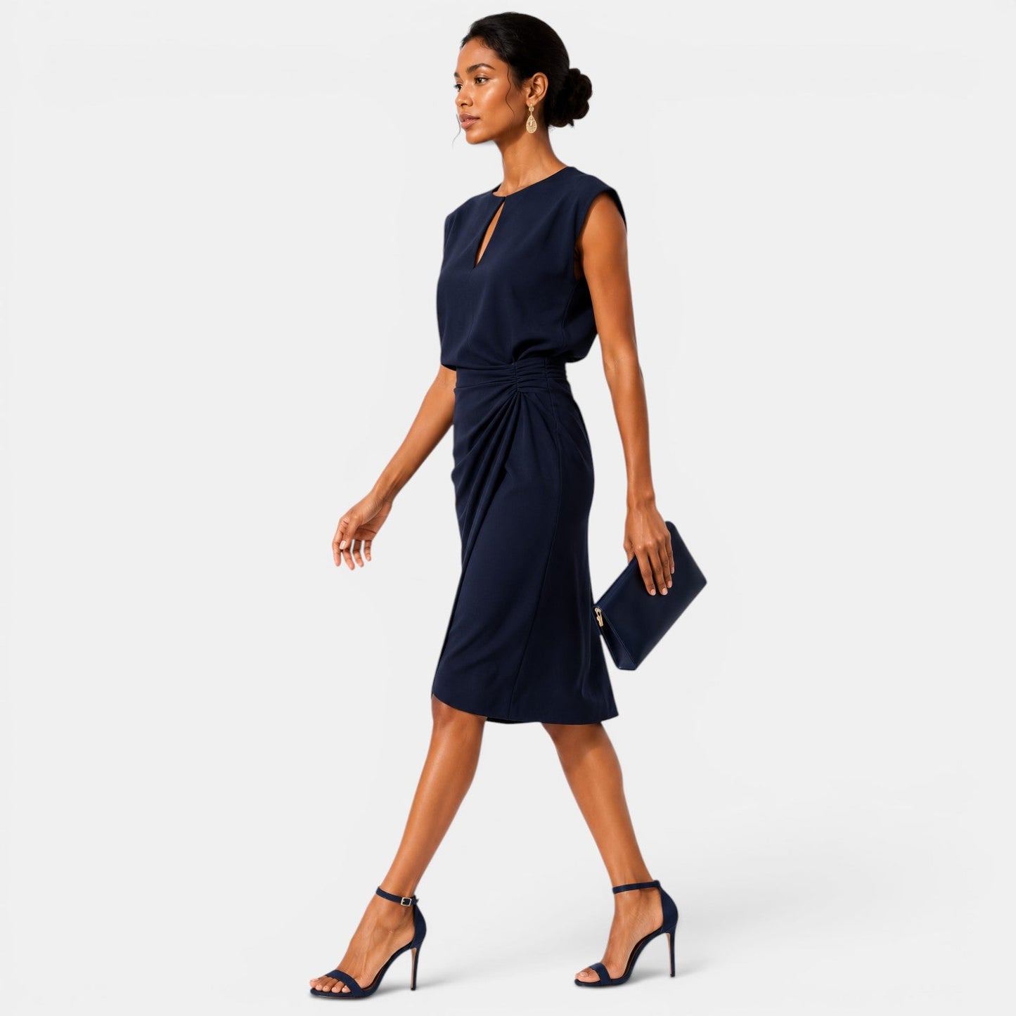 Women's Elegant Midi Dress Ruched Silhouette Formal Event Wear