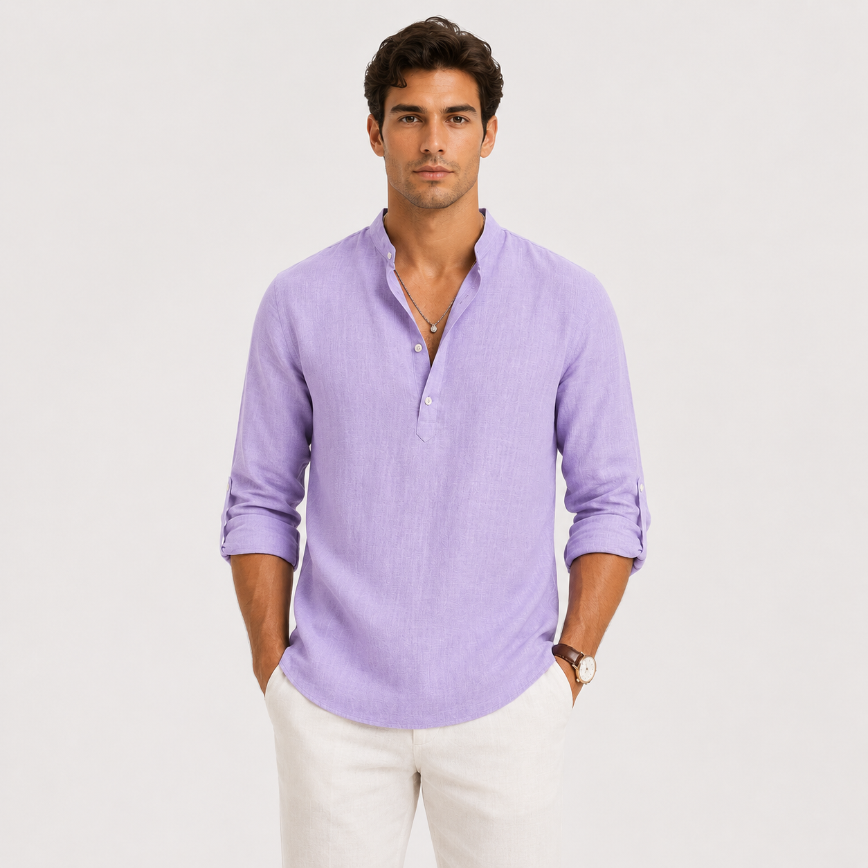 Men's Casual Long Sleeve Henley Shirt Lightweight and Linen Look
