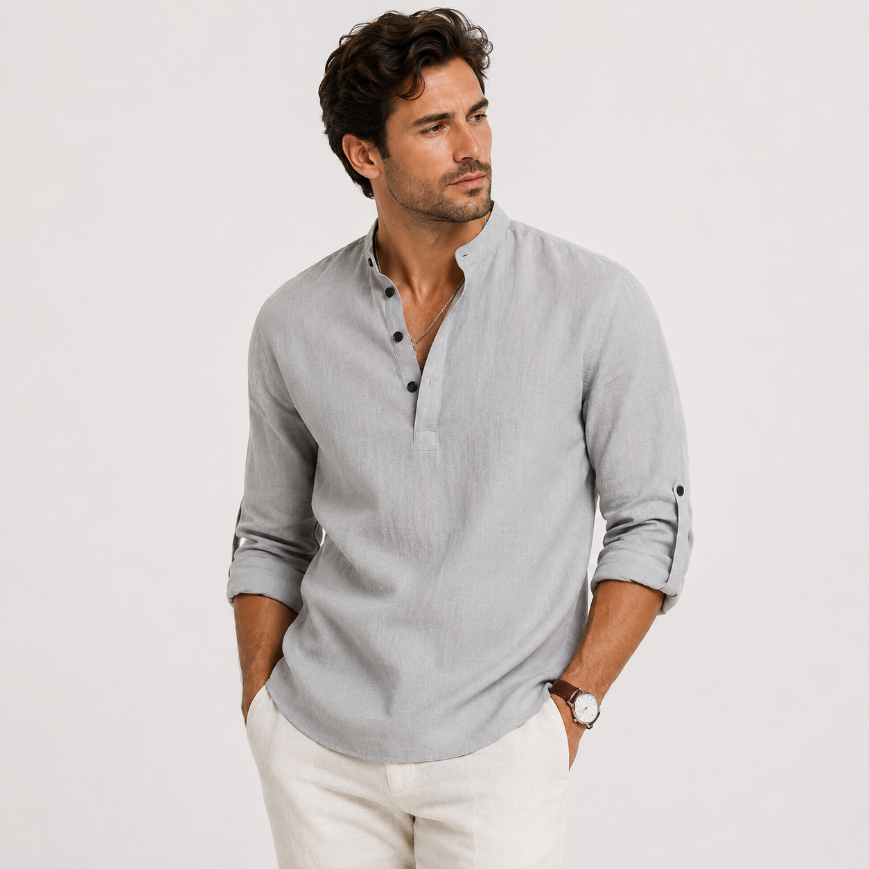 Men's Casual Long Sleeve Henley Shirt Lightweight and Linen Look