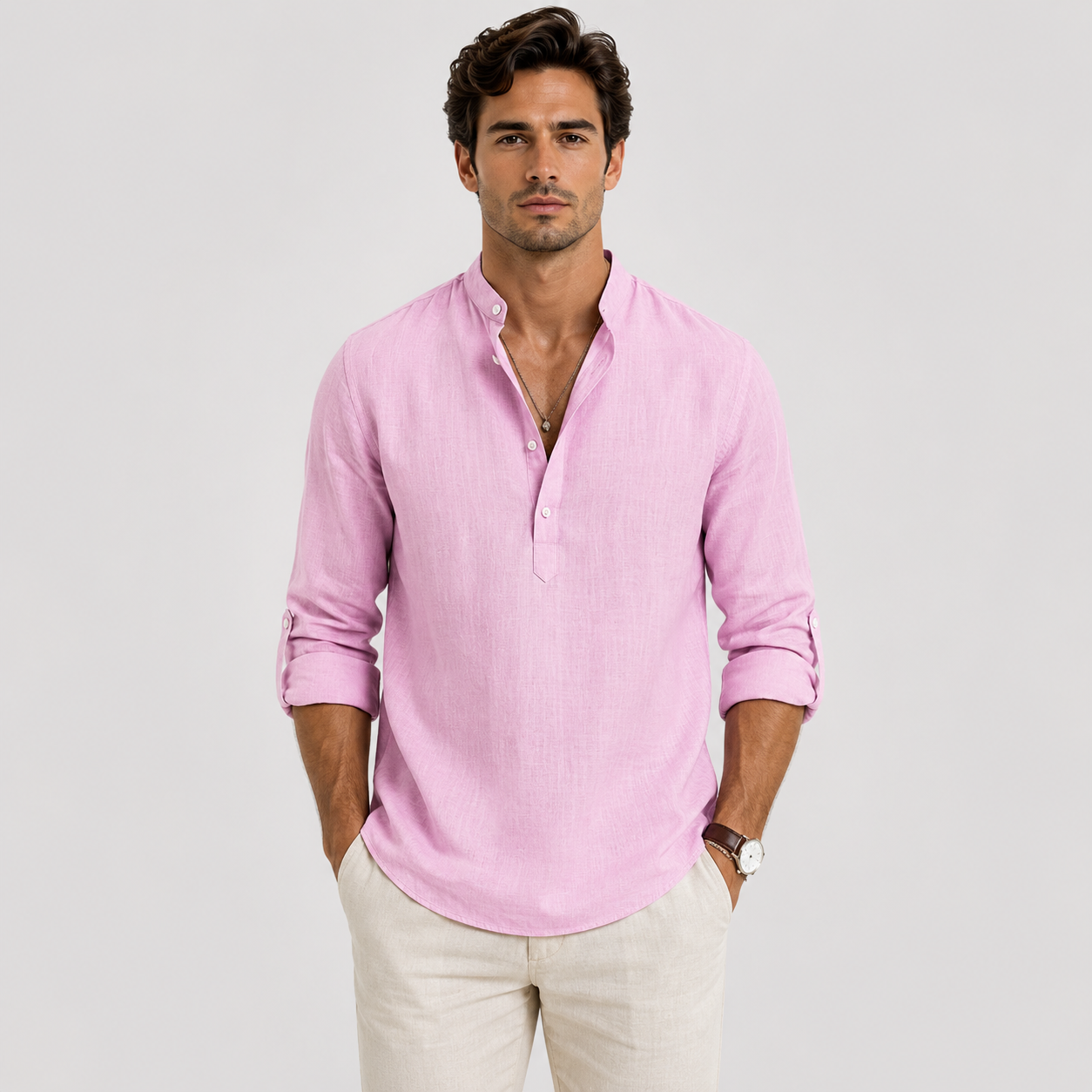 Men's Casual Long Sleeve Henley Shirt Lightweight and Linen Look