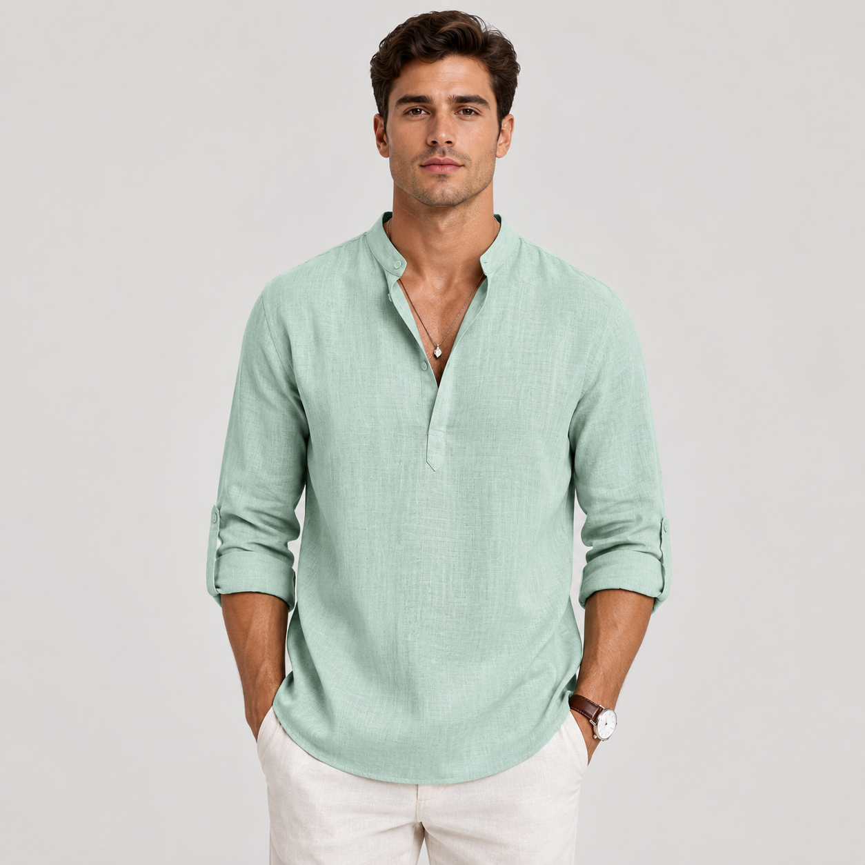 Men's Casual Long Sleeve Henley Shirt Lightweight and Linen Look
