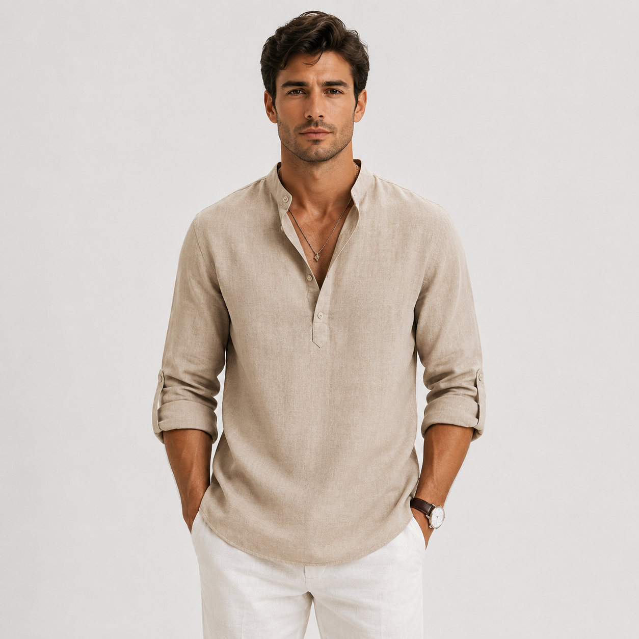Men's Casual Long Sleeve Henley Shirt Lightweight and Linen Look