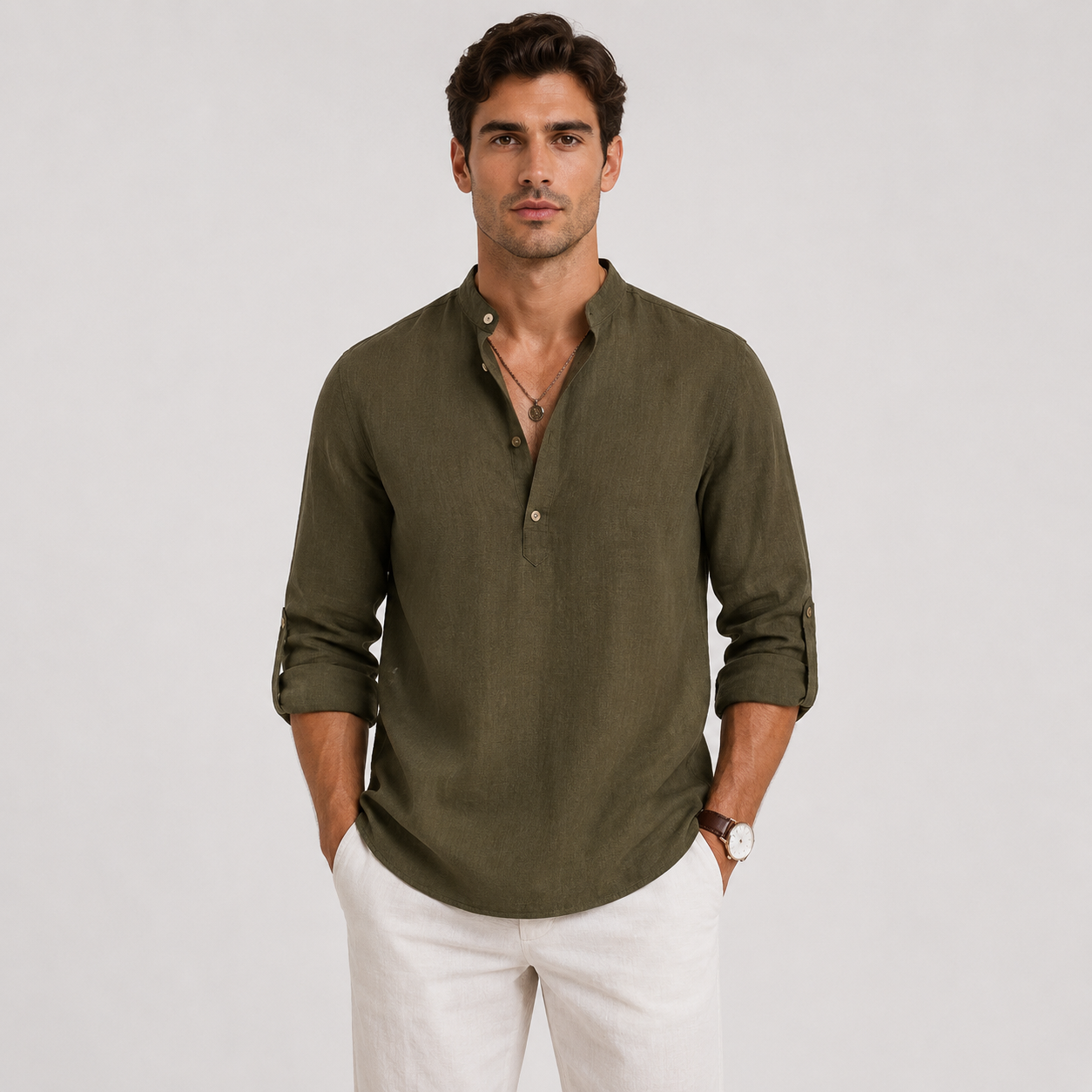 Men's Casual Long Sleeve Henley Shirt Lightweight and Linen Look