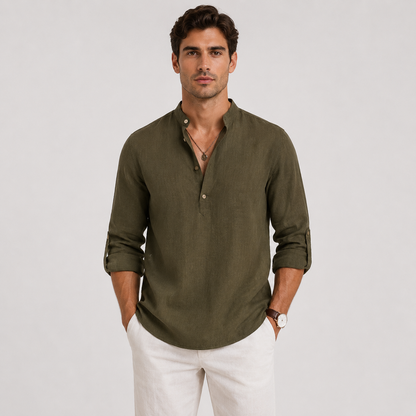 Men's Casual Long Sleeve Henley Shirt Lightweight and Linen Look