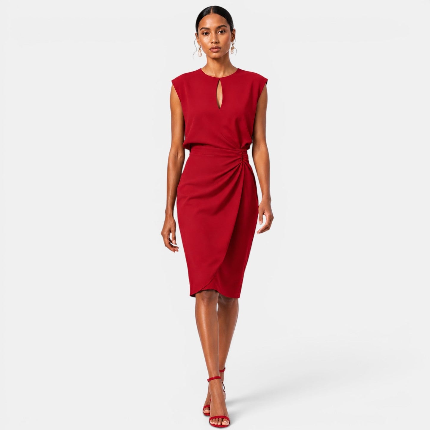Women's Elegant Midi Dress Ruched Silhouette Formal Event Wear