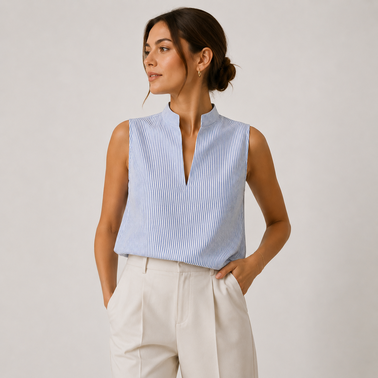 Women's Sleeveless Striped V-Neck Blouse Lightweight Casual Top