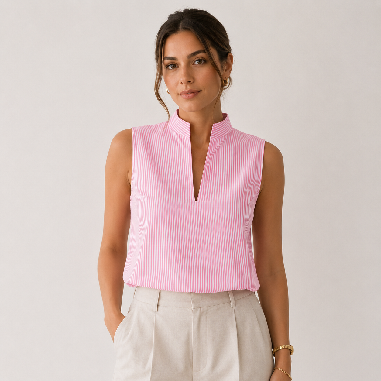 Women's Sleeveless Striped V-Neck Blouse Lightweight Casual Top