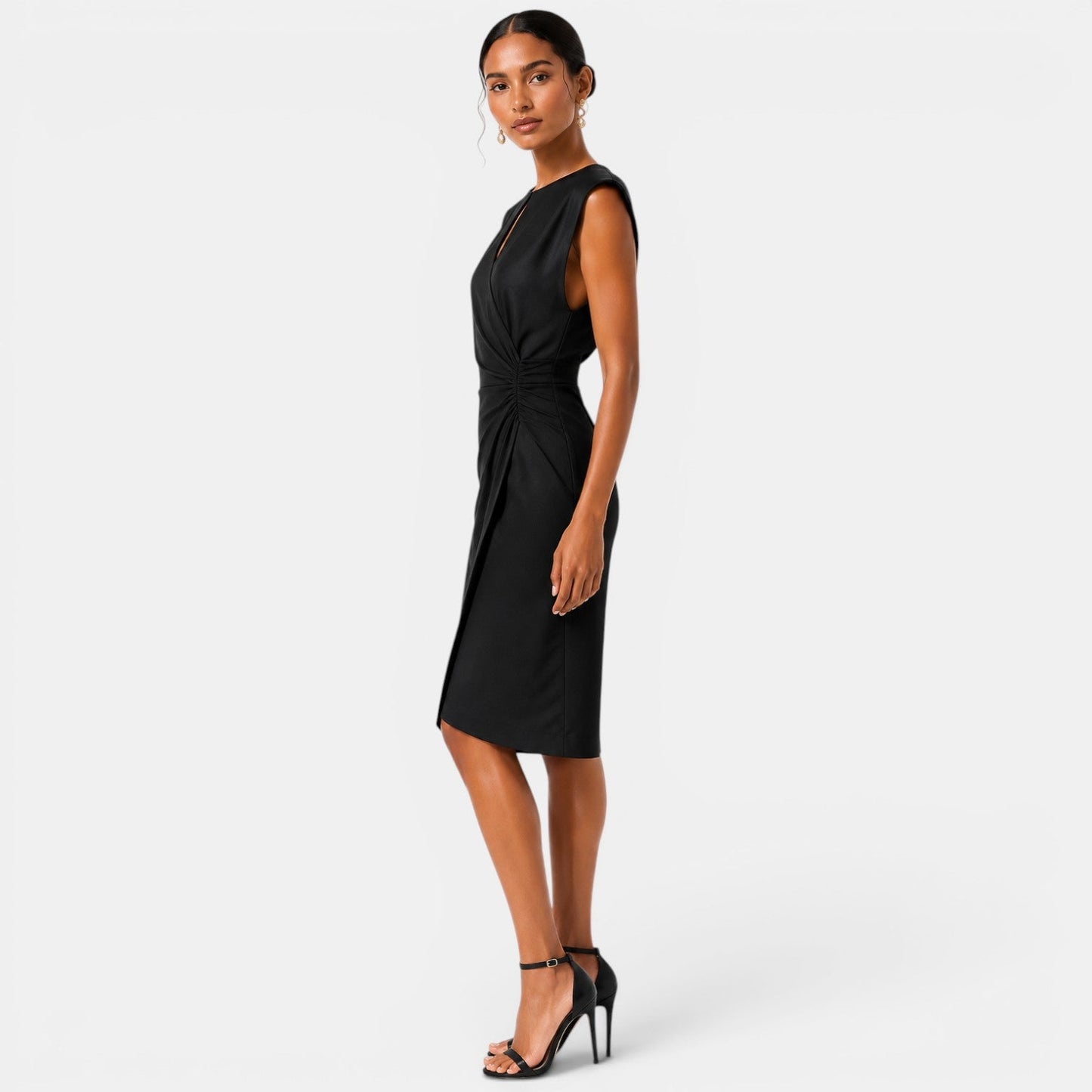 Women's Elegant Midi Dress Ruched Silhouette Formal Event Wear